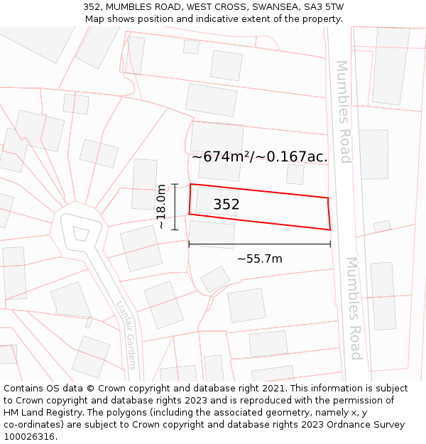 352, MUMBLES ROAD, WEST CROSS, SWANSEA, SA3 5TW: Plot and title map