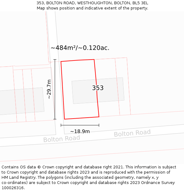 353, BOLTON ROAD, WESTHOUGHTON, BOLTON, BL5 3EL: Plot and title map