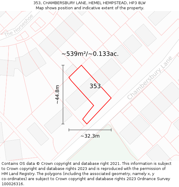 353, CHAMBERSBURY LANE, HEMEL HEMPSTEAD, HP3 8LW: Plot and title map