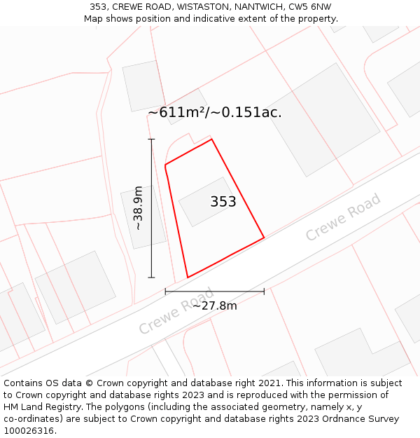 353, CREWE ROAD, WISTASTON, NANTWICH, CW5 6NW: Plot and title map