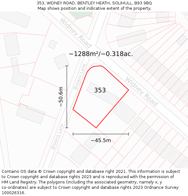 353, WIDNEY ROAD, BENTLEY HEATH, SOLIHULL, B93 9BQ: Plot and title map