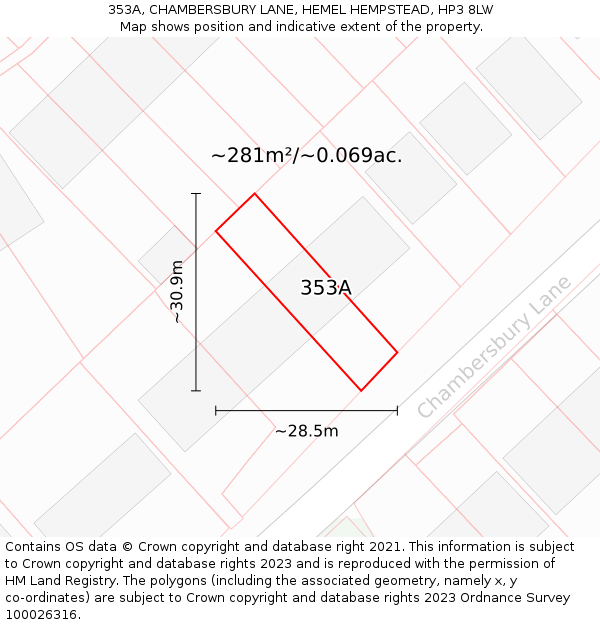 353A, CHAMBERSBURY LANE, HEMEL HEMPSTEAD, HP3 8LW: Plot and title map