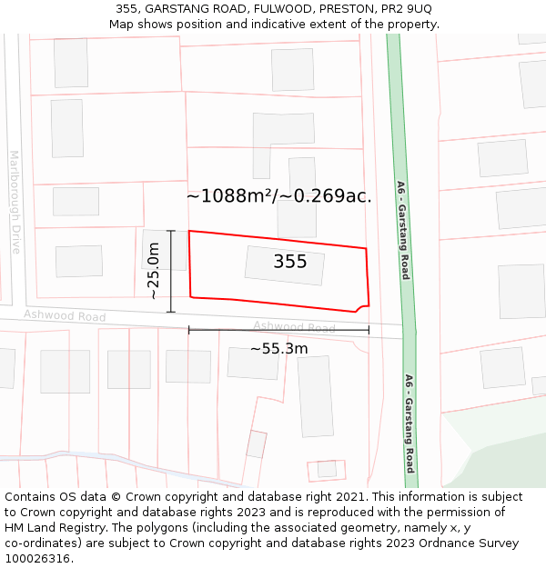 355, GARSTANG ROAD, FULWOOD, PRESTON, PR2 9UQ: Plot and title map