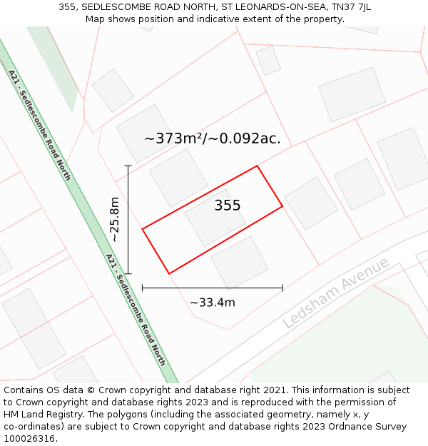 355, SEDLESCOMBE ROAD NORTH, ST LEONARDS-ON-SEA, TN37 7JL: Plot and title map