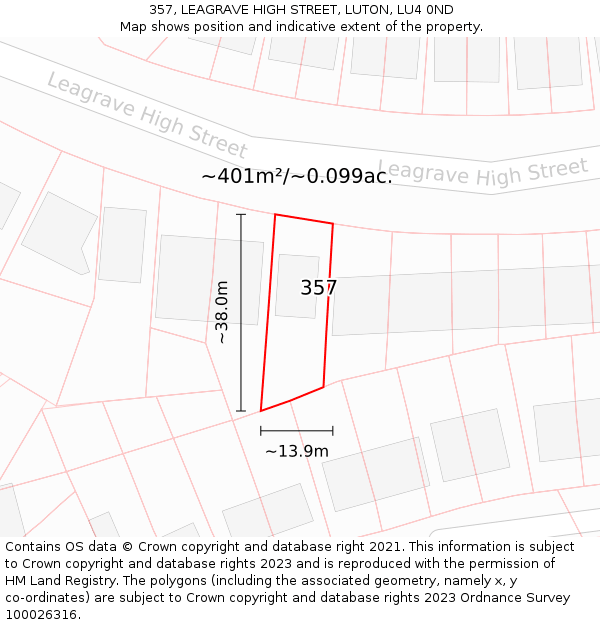 357, LEAGRAVE HIGH STREET, LUTON, LU4 0ND: Plot and title map