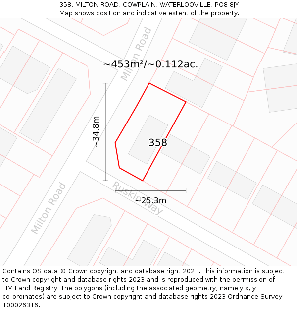 358, MILTON ROAD, COWPLAIN, WATERLOOVILLE, PO8 8JY: Plot and title map