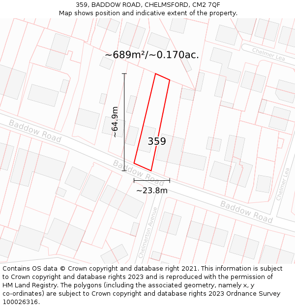 359, BADDOW ROAD, CHELMSFORD, CM2 7QF: Plot and title map