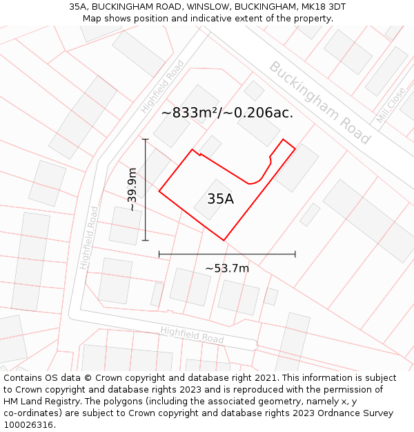 35A, BUCKINGHAM ROAD, WINSLOW, BUCKINGHAM, MK18 3DT: Plot and title map