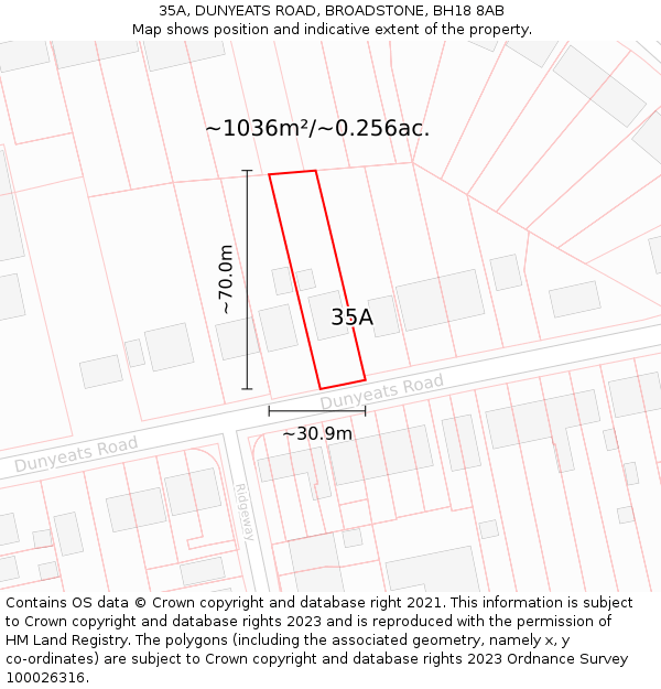 35A, DUNYEATS ROAD, BROADSTONE, BH18 8AB: Plot and title map