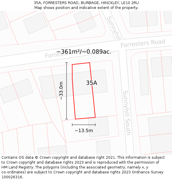 35A, FORRESTERS ROAD, BURBAGE, HINCKLEY, LE10 2RU: Plot and title map