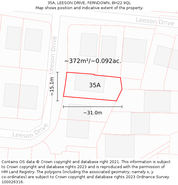 35A, LEESON DRIVE, FERNDOWN, BH22 9QL: Plot and title map