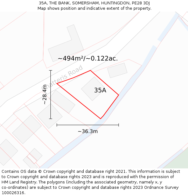 35A, THE BANK, SOMERSHAM, HUNTINGDON, PE28 3DJ: Plot and title map