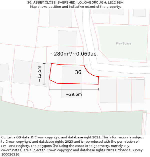 36, ABBEY CLOSE, SHEPSHED, LOUGHBOROUGH, LE12 9EH: Plot and title map