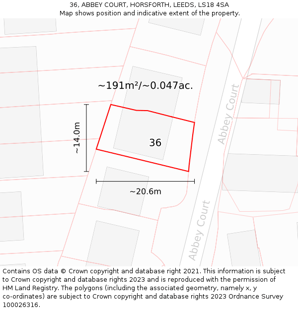 36, ABBEY COURT, HORSFORTH, LEEDS, LS18 4SA: Plot and title map