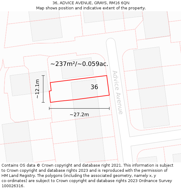 36, ADVICE AVENUE, GRAYS, RM16 6QN: Plot and title map