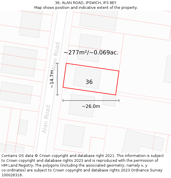 36, ALAN ROAD, IPSWICH, IP3 8EY: Plot and title map