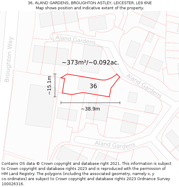 36, ALAND GARDENS, BROUGHTON ASTLEY, LEICESTER, LE9 6NE: Plot and title map