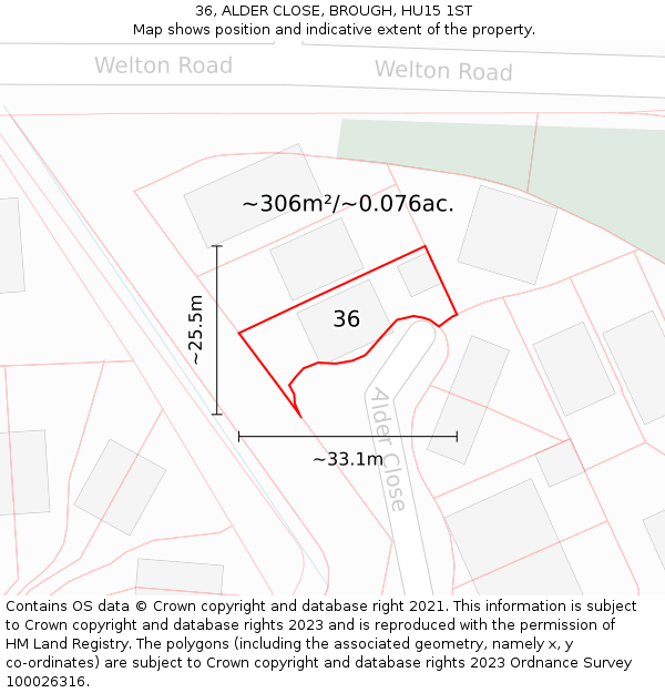 36, ALDER CLOSE, BROUGH, HU15 1ST: Plot and title map