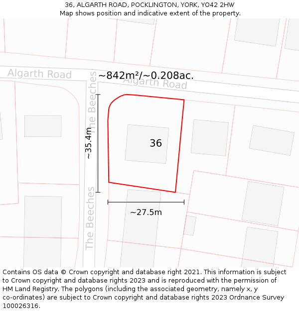 36, ALGARTH ROAD, POCKLINGTON, YORK, YO42 2HW: Plot and title map