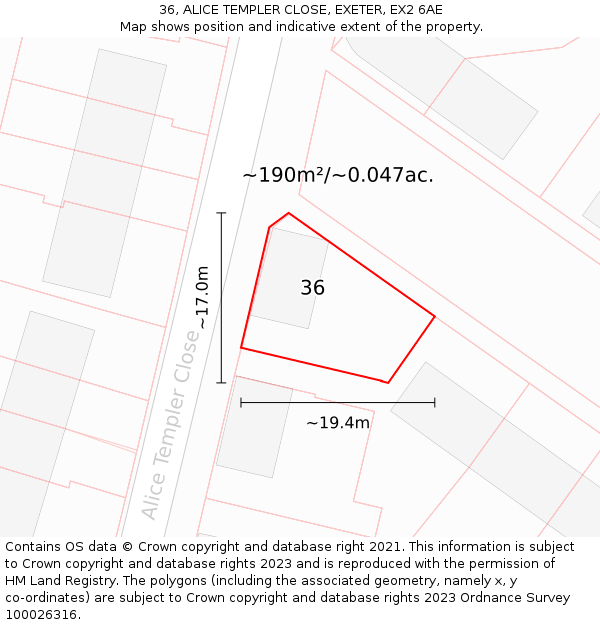 36, ALICE TEMPLER CLOSE, EXETER, EX2 6AE: Plot and title map