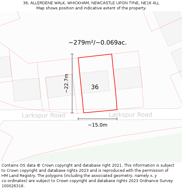 36, ALLERDENE WALK, WHICKHAM, NEWCASTLE UPON TYNE, NE16 4LL: Plot and title map