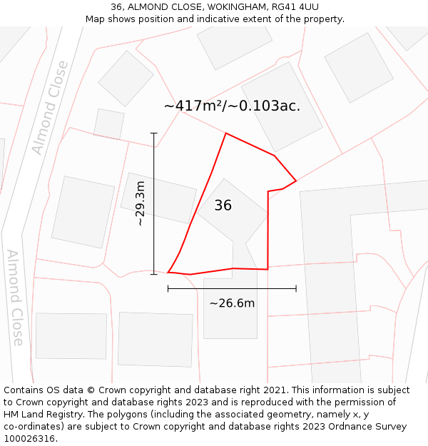 36, ALMOND CLOSE, WOKINGHAM, RG41 4UU: Plot and title map