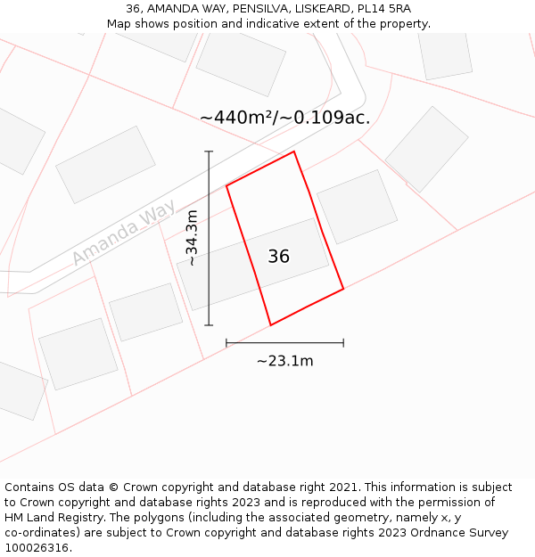 36, AMANDA WAY, PENSILVA, LISKEARD, PL14 5RA: Plot and title map