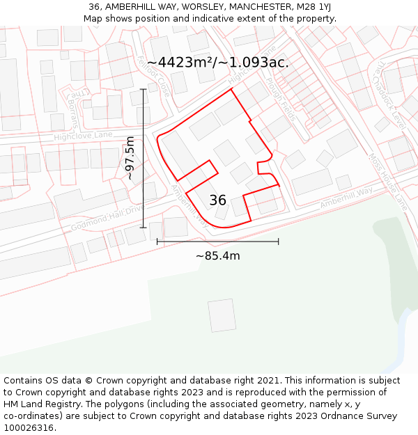 36, AMBERHILL WAY, WORSLEY, MANCHESTER, M28 1YJ: Plot and title map