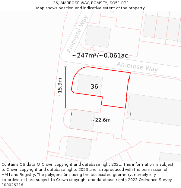 36, AMBROSE WAY, ROMSEY, SO51 0BF: Plot and title map