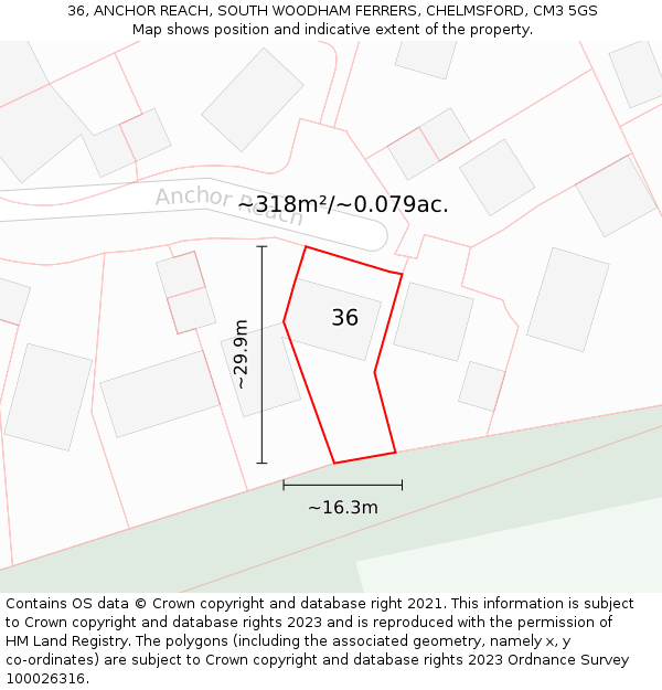 36, ANCHOR REACH, SOUTH WOODHAM FERRERS, CHELMSFORD, CM3 5GS: Plot and title map