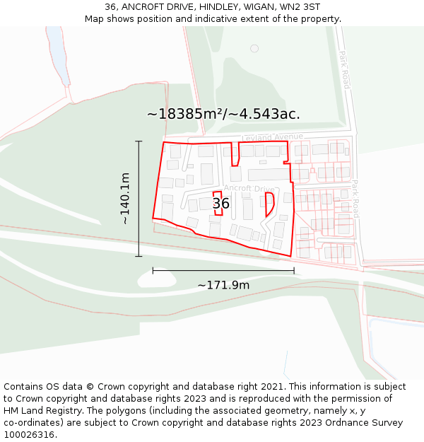 36, ANCROFT DRIVE, HINDLEY, WIGAN, WN2 3ST: Plot and title map