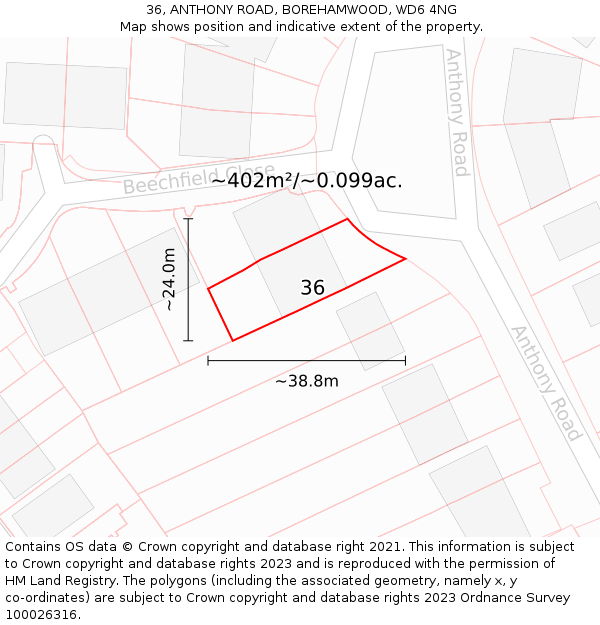 36, ANTHONY ROAD, BOREHAMWOOD, WD6 4NG: Plot and title map