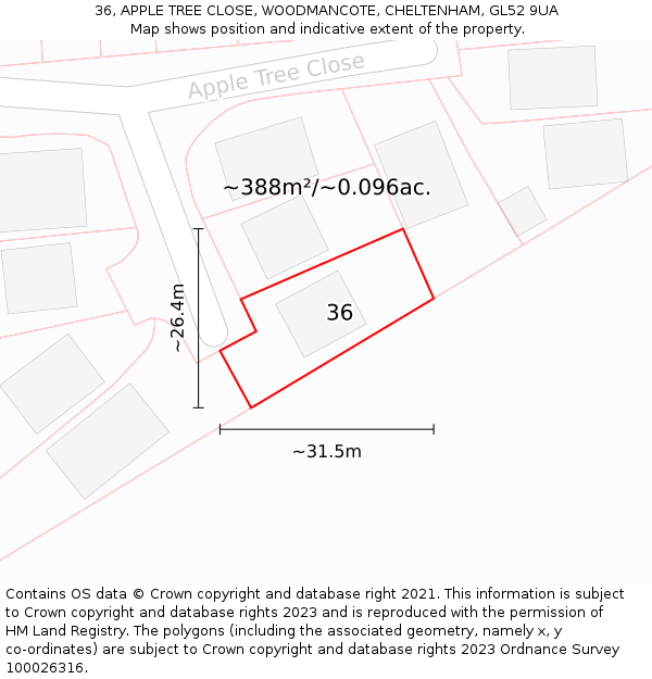 36, APPLE TREE CLOSE, WOODMANCOTE, CHELTENHAM, GL52 9UA: Plot and title map