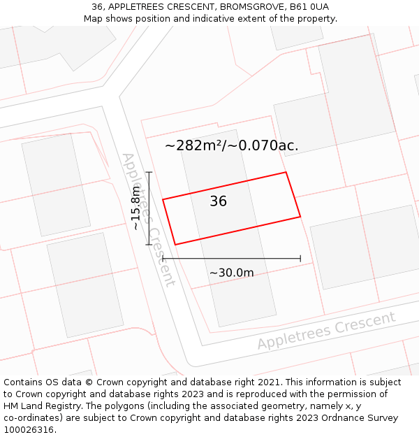 36, APPLETREES CRESCENT, BROMSGROVE, B61 0UA: Plot and title map