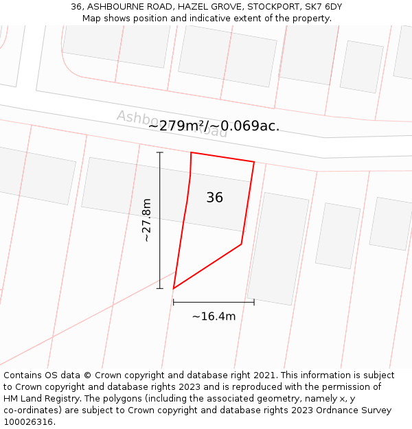 36, ASHBOURNE ROAD, HAZEL GROVE, STOCKPORT, SK7 6DY: Plot and title map