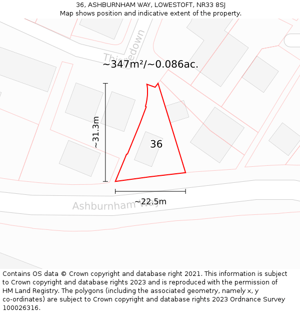 36, ASHBURNHAM WAY, LOWESTOFT, NR33 8SJ: Plot and title map