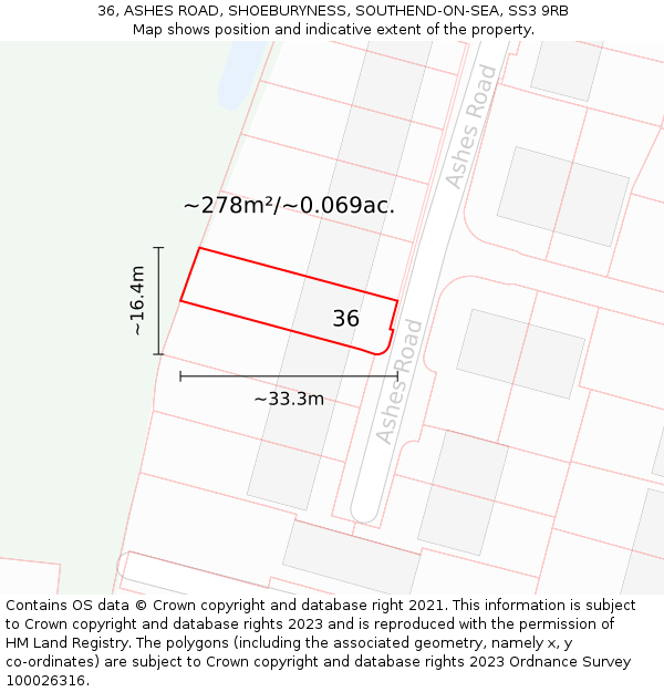 36, ASHES ROAD, SHOEBURYNESS, SOUTHEND-ON-SEA, SS3 9RB: Plot and title map