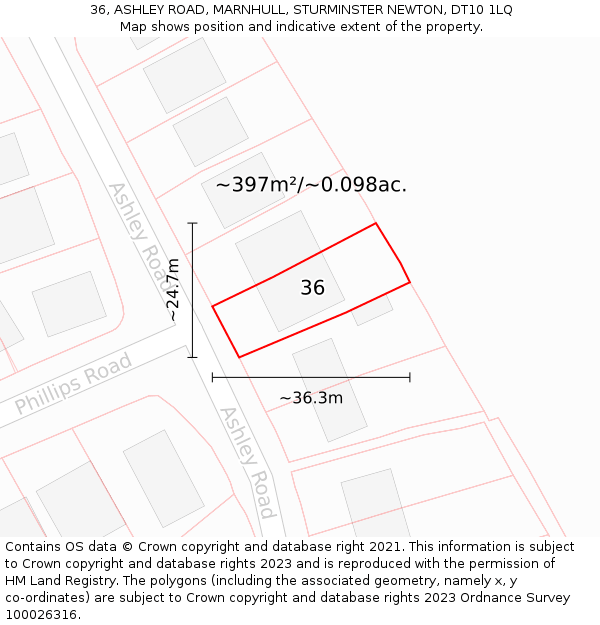 36, ASHLEY ROAD, MARNHULL, STURMINSTER NEWTON, DT10 1LQ: Plot and title map