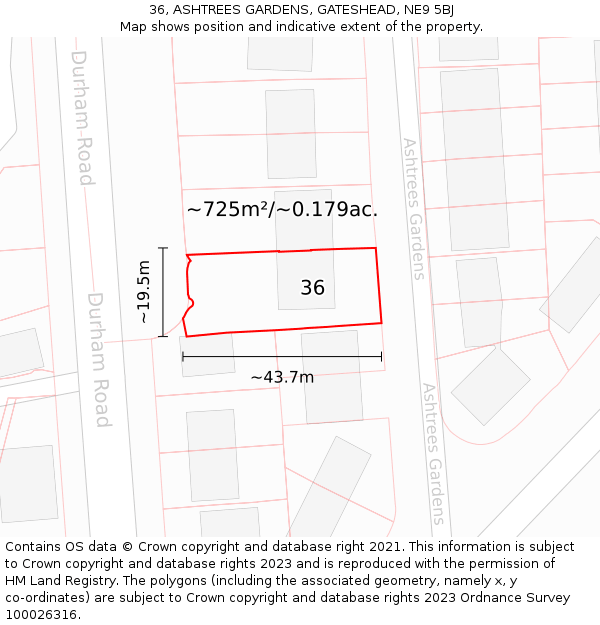 36, ASHTREES GARDENS, GATESHEAD, NE9 5BJ: Plot and title map