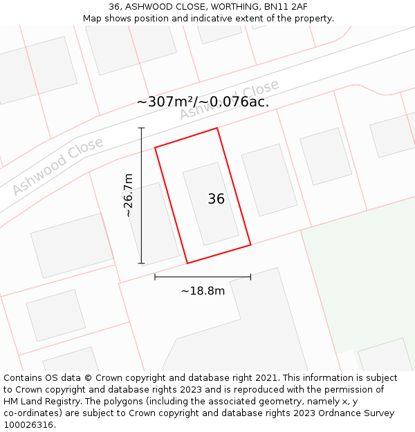 36, ASHWOOD CLOSE, WORTHING, BN11 2AF: Plot and title map