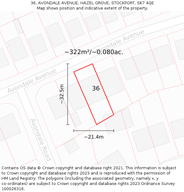 36, AVONDALE AVENUE, HAZEL GROVE, STOCKPORT, SK7 4QE: Plot and title map