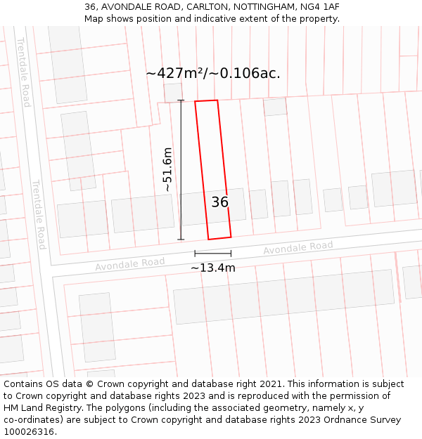 36, AVONDALE ROAD, CARLTON, NOTTINGHAM, NG4 1AF: Plot and title map