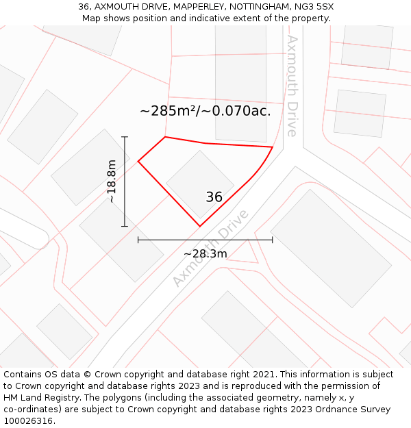 36, AXMOUTH DRIVE, MAPPERLEY, NOTTINGHAM, NG3 5SX: Plot and title map