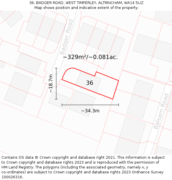 36, BADGER ROAD, WEST TIMPERLEY, ALTRINCHAM, WA14 5UZ: Plot and title map