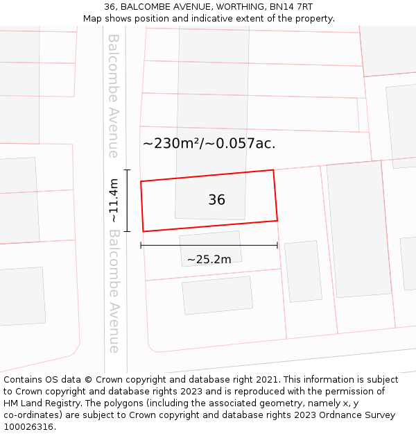 36, BALCOMBE AVENUE, WORTHING, BN14 7RT: Plot and title map