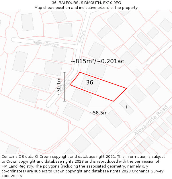 36, BALFOURS, SIDMOUTH, EX10 9EG: Plot and title map