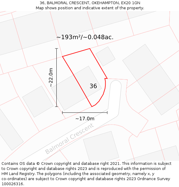 36, BALMORAL CRESCENT, OKEHAMPTON, EX20 1GN: Plot and title map