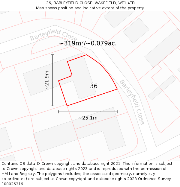 36, BARLEYFIELD CLOSE, WAKEFIELD, WF1 4TB: Plot and title map