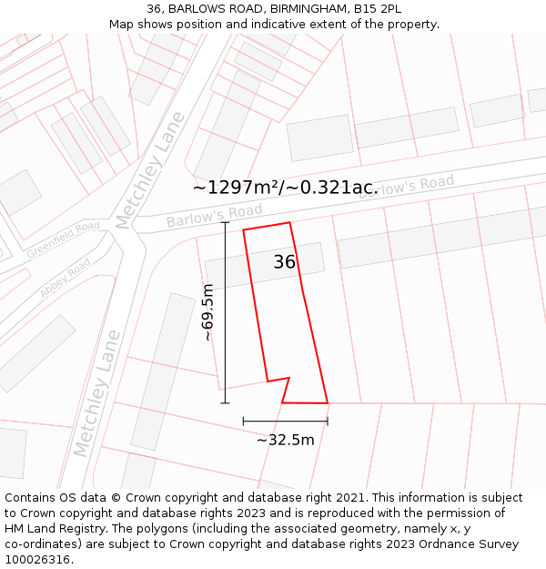 36, BARLOWS ROAD, BIRMINGHAM, B15 2PL: Plot and title map