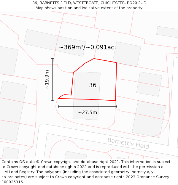 36, BARNETTS FIELD, WESTERGATE, CHICHESTER, PO20 3UD: Plot and title map